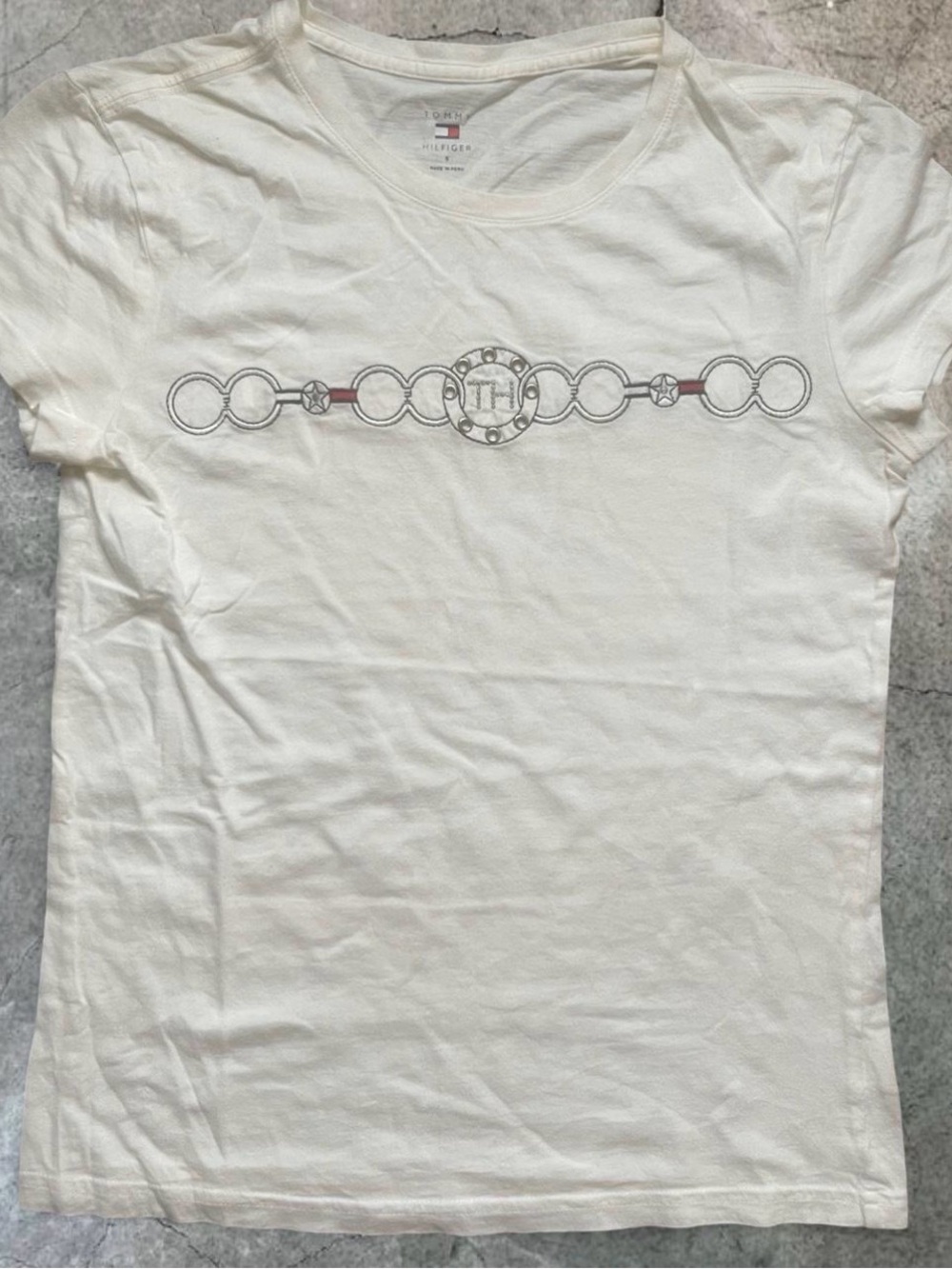 Tommy Hilfiger White Tee with Chain Motif and Subtle Red Accents